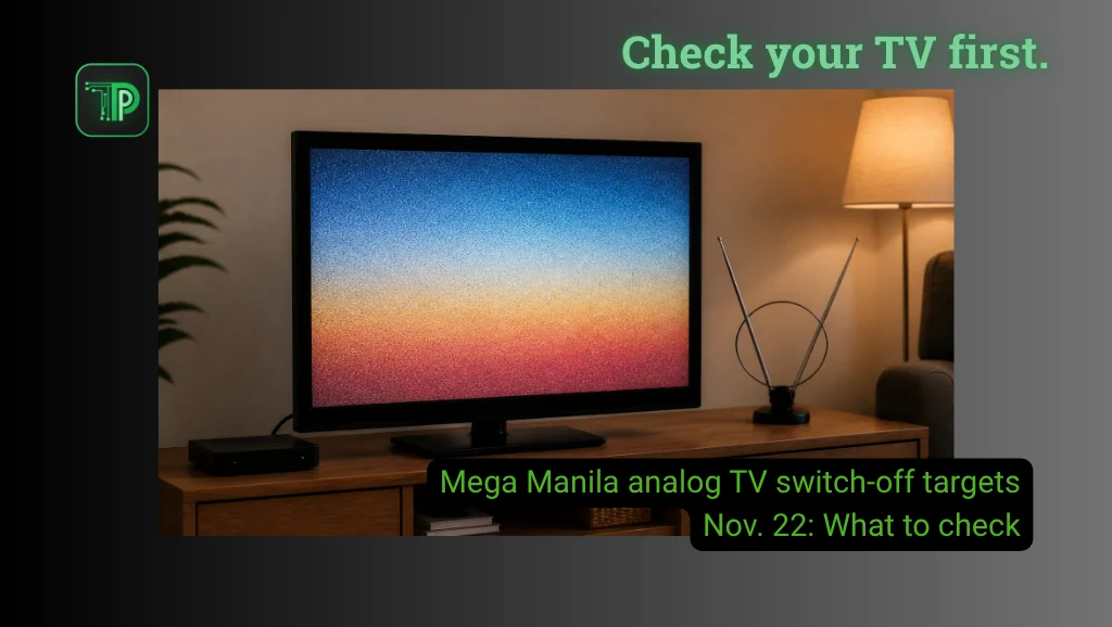 Illustration of a television with an indoor antenna and a digital set-top box, with the text: Mega Manila analog TV switch-off targets Nov. 22: What to check
