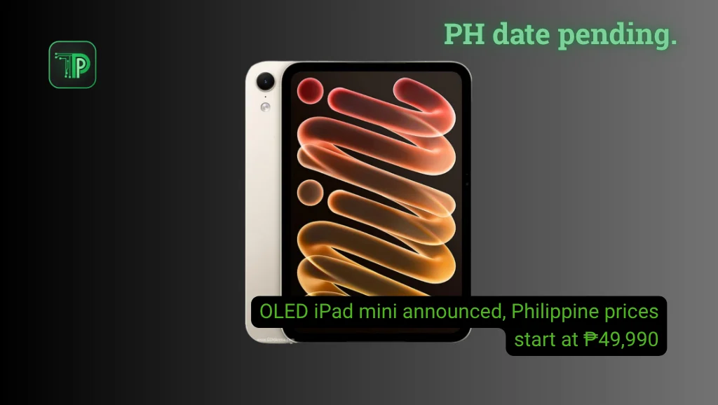 Apple iPad mini (2026) in Starlight, front and back view, with the text: OLED iPad mini announced, Philippine prices start at ₱49,990