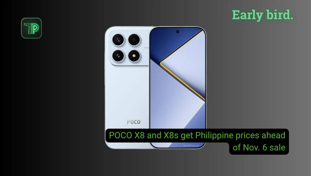 POCO X8s phone in blue, back and front view, with the text: POCO X8 and X8s get Philippine prices ahead of Nov. 6 sale
