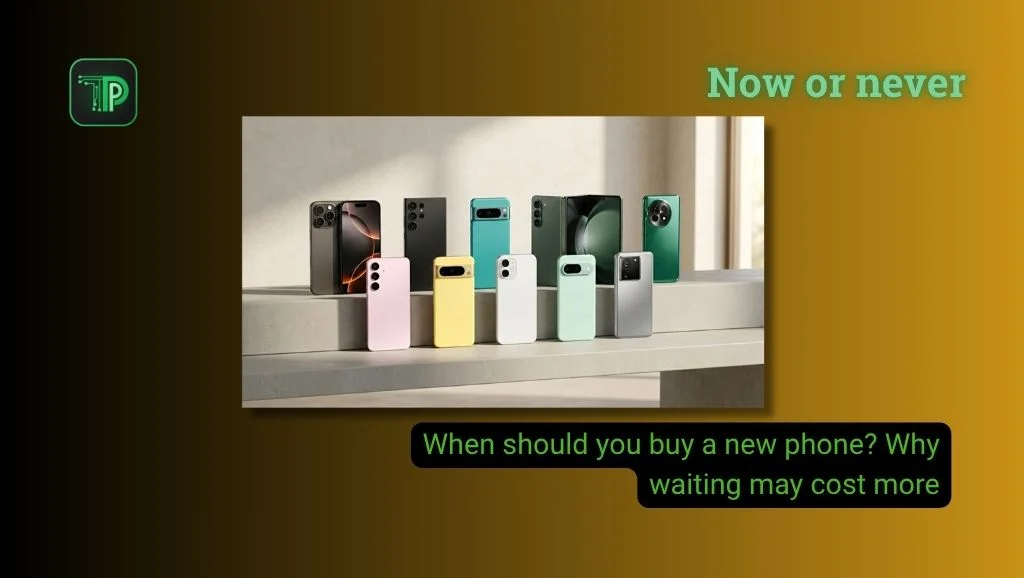 Lineup of colorful smartphones with the text: When should you buy a new phone? Why waiting may cost more
