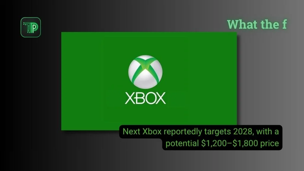 Xbox logo on a green panel, with the text: Next Xbox reportedly targets 2028, with a potential $1,200–$1,800 price