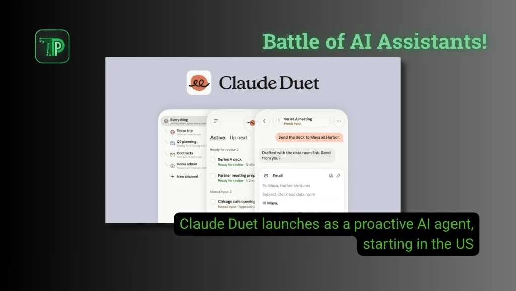 Claude Duet app screens with text: Claude Duet launches as a proactive AI agent, starting in the US