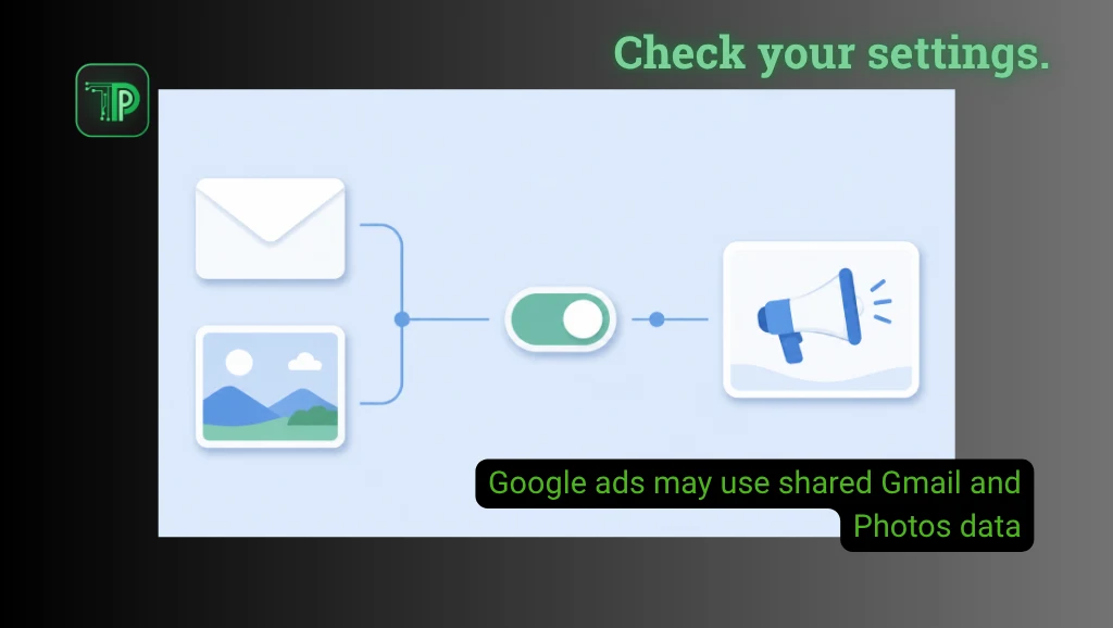Illustration of Gmail and Photos icons linked through a settings toggle to an ad card, with the text: Google ads may use shared Gmail and Photos data