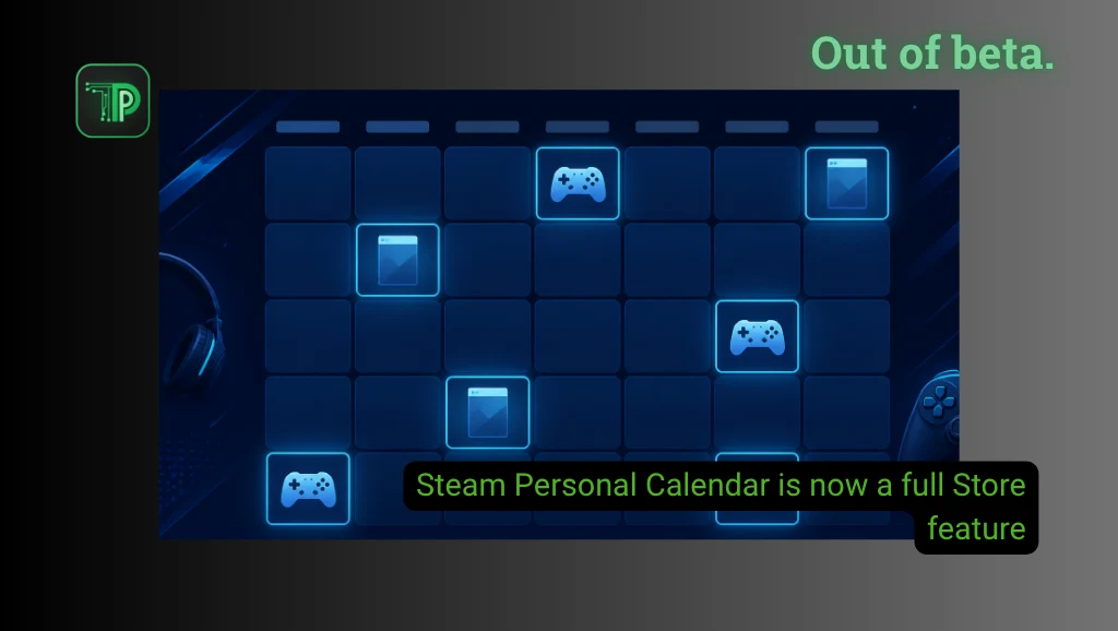 Illustration of a calendar grid with game controller icons, with the text: Steam Personal Calendar is now a full Store feature