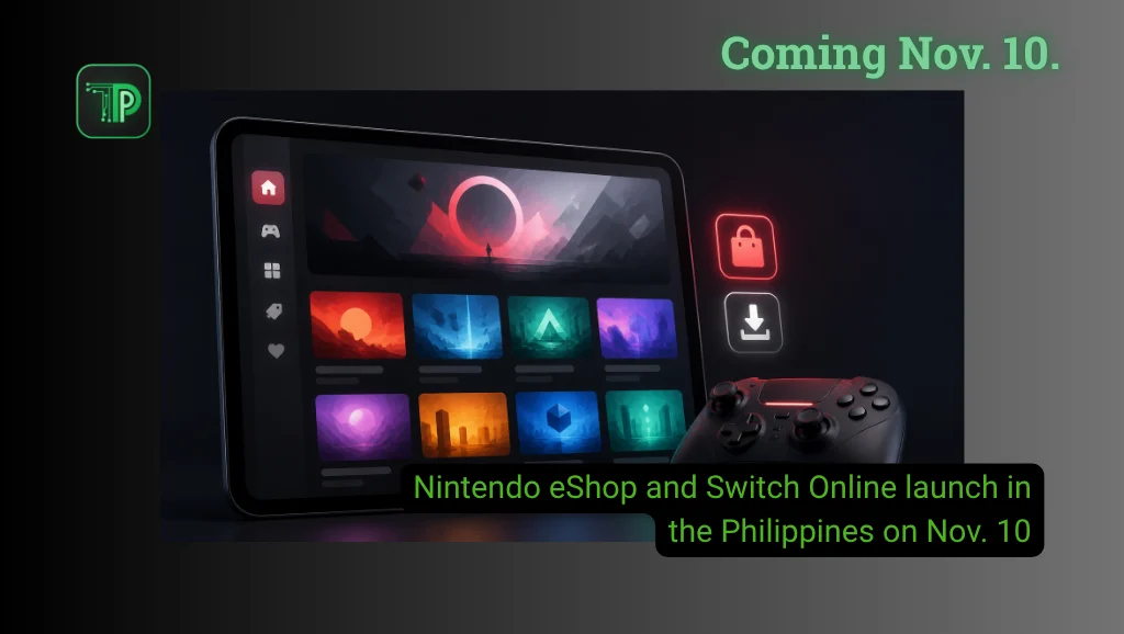 Illustration of a digital game store on a tablet screen beside a game controller, with the text: Nintendo eShop and Switch Online launch in the Philippines on Nov. 10