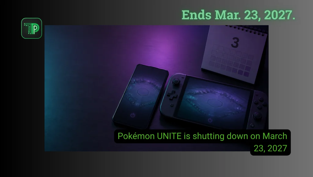 Smartphone and handheld game console on a dark table beside a calendar page, with the text: Pokémon UNITE is shutting down on March 23, 2027