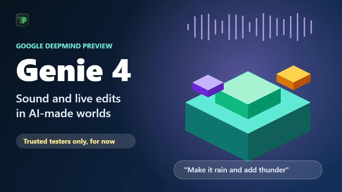 Genie 4 graphic with sound waves, a floating world and the text: Sound and live edits in AI-made worlds, trusted testers only