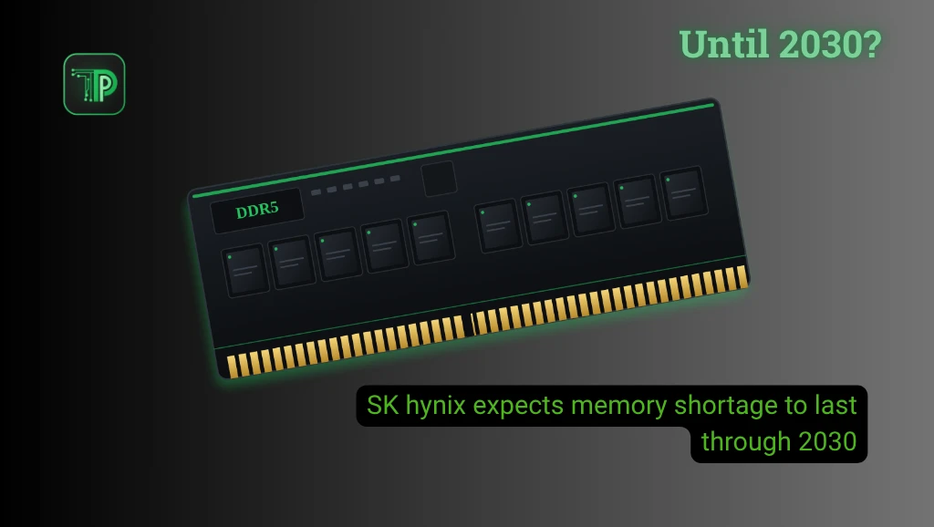 DDR5 memory module graphic with the text: SK hynix expects memory shortage to last through 2030