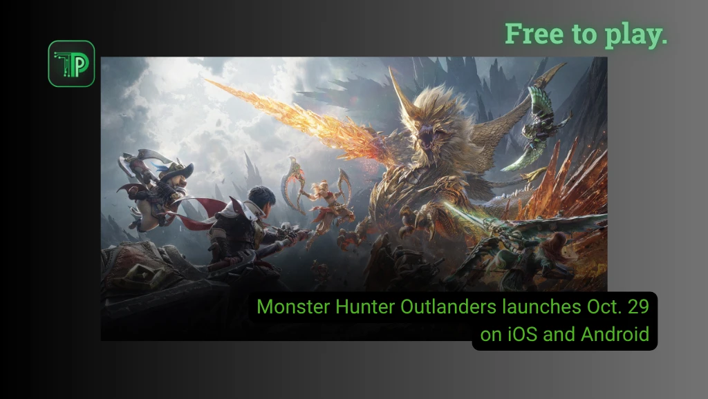 Official Monster Hunter Outlanders key art of adventurers fighting a winged monster, with the text: Free to play. Monster Hunter Outlanders launches Oct. 29 on iOS and Android