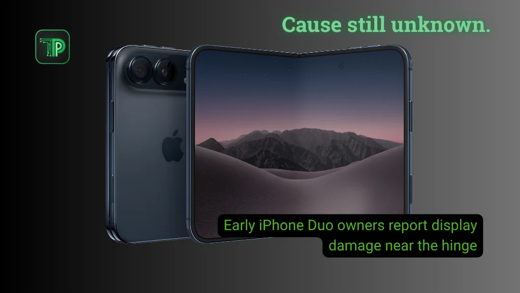 Apple iPhone Duo in Night Sky, back and open front view, with the text: Early iPhone Duo owners report display damage near the hinge