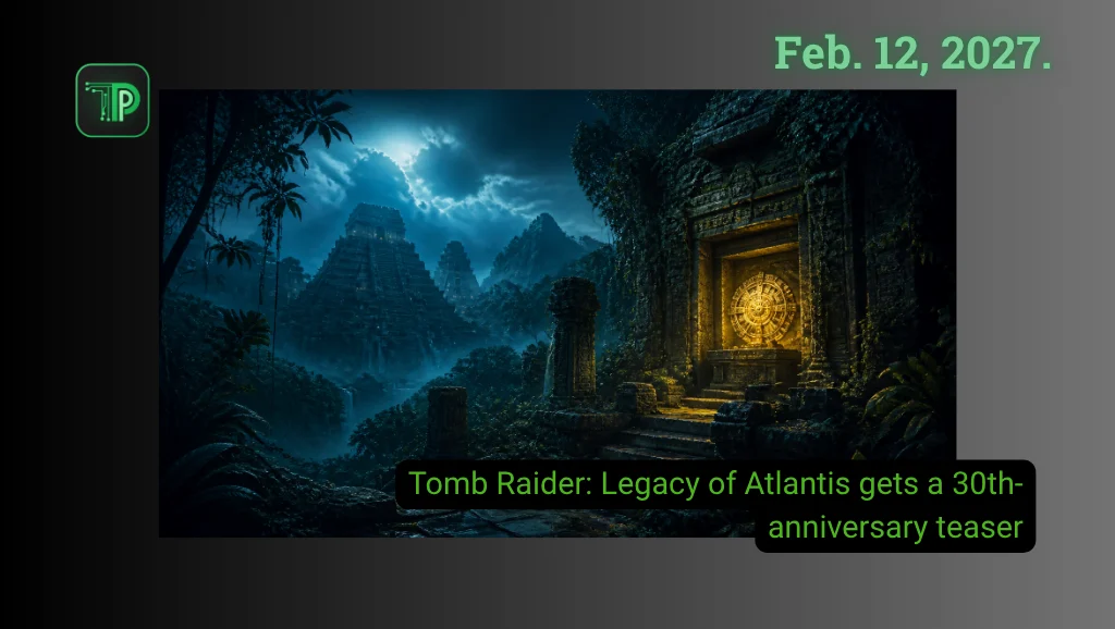Illustration of an ancient jungle temple with a glowing golden doorway, with the text: Tomb Raider: Legacy of Atlantis gets a 30th-anniversary teaser
