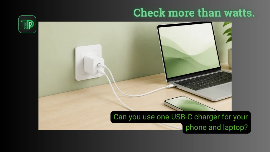Illustration of a USB-C wall charger with two cables connected to a laptop and a smartphone, with the text: Can you use one USB-C charger for your phone and laptop?